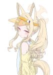  1girl alternate_costume alternate_hairstyle animal_ears blonde_hair blue_archive blush casual_one-piece_swimsuit closed_mouth extra_ears fox_ears fox_girl fox_tail halo highres hood hooded_jacket jacket long_hair looking_at_viewer momonexmomo one-piece_swimsuit seia_(blue_archive) seia_(swimsuit)_(blue_archive) simple_background solo swimsuit tail visor_cap white_background white_one-piece_swimsuit yellow_eyes yellow_halo yellow_jacket 