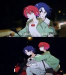  1boy 1girl amate_yuzuriha aqua_eyes blue_hair chinese_text gundam gundam_gquuuuuux highres jacket long_sleeves motor_vehicle motorcycle on_motorcycle open_mouth pants red_eyes red_hair riding shirosaki20 shirt short_hair shorts shuji_ito translation_request 