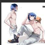 1boy blue_hair boots colored_inner_hair conch_(gundam) gundam gundam_gquuuuuux hands_in_pockets lower_eyelashes_only male_focus multicolored_hair multiple_views nipples non-humanoid_robot on_ground otakulifewow pants ponytail purple_hair red_eyes robot short_hair shuji_ito simple_background sitting solo_focus toned toned_male topless_male two-tone_hair white_background yawning 