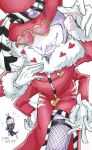  1boy ant_tenna antennae arms_behind_back arrow_(symbol) black_coat black_pants black_shoes black_thighhighs bow bowtie coat coattails commentary_request deltarune extra_arms eyewear_on_head fangs fishnet_thighhighs fishnets fur-trimmed_coat fur-trimmed_sleeves fur_trim gloves hand_on_own_hip hat hat_feather heart heart-shaped_eyewear heart_print highres leaning_forward long_sleeves male_focus mamesuke_77 multiple_views open_clothes open_coat open_mouth pants pinstripe_coat pointy_nose red-tinted_eyewear red_bow red_bowtie red_coat red_hat shoes simple_background smile sunglasses teeth television thighhighs tinted_eyewear top_hat translation_request twitter_username upper_teeth_only white_background white_gloves yellow-framed_eyewear 