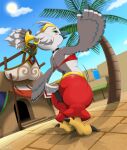 absurd_res anthro avian choker clothed clothing cosplay crossdressing crossover dancing ear_piercing ear_ring feet hi_res jewelry kuramichan looking_at_viewer male motion_lines necklace nintendo palm_tree piercing plant ring_piercing rito shantae_(series) smile solo tail talons tears_of_the_kingdom the_legend_of_zelda toes tree tulin_(tloz) wayforward wings