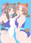  2girls :&gt; absurdres animal_ears bare_shoulders bear_ears bear_girl bear_tail bergman&#039;s_bear_(kemono_friends) blue_one-piece_swimsuit blush bow brown_eyes brown_hair cowboy_shot extra_ears grey_hair hair_between_eyes hair_bow headband highres japari_symbol kemono_friends kodiak_bear_(kemono_friends) kumasyan1998 long_hair looking_at_viewer multicolored_hair multiple_girls official_alternate_costume one-piece_swimsuit open_mouth pink_bow pink_headband pink_trim ponytail short_hair short_twintails sidelocks sleeveless swimsuit tail twintails two-tone_hair two-tone_one-piece_swimsuit white_hair white_one-piece_swimsuit 