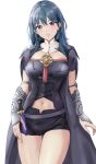  1girl amayo_thranana armor bangs black_shorts blue_eyes blush breasts bustier byleth_(fire_emblem) byleth_(fire_emblem)_(female) cape closed_mouth dagger fire_emblem fire_emblem:_three_houses green_hair highres knife large_breasts looking_at_viewer medium_hair midriff navel shorts simple_background smile solo weapon 