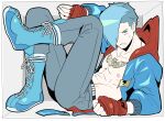  1boy abs absurdres arm_up asymmetrical_hair bare_pectorals blue_boots blue_eyes blue_hair blue_jacket blue_pants boots collarbone denim ed_(street_fighter) fingernails full_body hair_over_one_eye hand_wraps highres hood hood_down hooded_jacket jacket jeans knee_up lace-up_boots male_focus multicolored_jacket nipples official_alternate_color official_alternate_hair_color one_eye_covered open_clothes open_jacket pants parted_lips pectorals red_hood sach56000 sanpaku short_hair solo street_fighter street_fighter_6 sweatdrop teeth toned toned_male two-tone_jacket v-shaped_eyebrows 