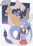  1girl 343rone absurdres blue_shirt breasts brown_eyes brown_hair bucket_hat claws closed_eyes closed_mouth dragon dragonair dragonite feathered_wings flying full_body happy hat head_wings highres horns leaf_(pokemon) long_hair loose_socks mega_dragonite mega_pokemon night night_sky pokemon pokemon_(creature) pokemon_frlg porkpie_hat red_skirt shirt single_horn skirt sky sleeveless sleeveless_shirt smile socks tail white_hat wings wristband 