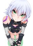  1girl arm_strap ass_visible_through_thighs bandaged_arm bandages bare_shoulders black_gloves black_thighhighs breasts cleavage cleavage_cutout clothing_cutout dekairuka fate/apocrypha fate/grand_order fate_(series) female_child fingerless_gloves from_above gloves green_eyes grey_hair hair_between_eyes highres jack_the_ripper_(fate/apocrypha) looking_at_viewer looking_up navel panties scar scar_across_eye scar_on_face seiza short_hair shoulder_tattoo single_glove sitting skindentation slit_pupils smile solo tattoo thighhighs underwear 