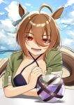  1girl absurdres agnes_tachyon_(lunatic_lab)_(umamusume) agnes_tachyon_(umamusume) ahoge animal_ears beach bikini black_bikini blue_sky breasts brown_hair cleavage cloud cloudy_sky commentary_request criss-cross_halter day ear_ornament flask green_jacket hair_between_eyes halterneck highres holding holding_flask horse_ears horse_girl horse_tail jacket medium_breasts messy_hair ocean official_alternate_costume official_alternate_hairstyle open_clothes open_jacket open_mouth outdoors red_eyes round-bottom_flask sand short_hair sky sleeves_rolled_up smile solo swimsuit tail twintailtyan umamusume upper_body water 