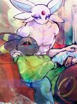  1boy 1girl abs adversarial_noise animal_ears animal_nose artist_name black_eyes black_fur black_shorts blue_pants body_fur breasts cellphone collarbone colored_sclera commentary couch dated drawstring english_commentary espeon facial_mark fang forehead_mark furry furry_female furry_male green_sweater half-closed_eyes hand_on_another&#039;s_shoulder highres holding holding_phone hood hood_down hooded_sweater indoors long_sleeves looking_down lying medium_breasts muscular muscular_male on_back on_couch open_mouth pants pectorals personification phone pink_fur pokemon pokemon_(creature) purple_sclera red_sclera short_shorts shorts signature sitting smartphone sweater thwillartz topless_male twitter_username umbreon white_eyes 