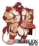 anthro arm_hair armpit_hair balls belly_hair big_balls big_penis bodily_fluids body_hair chest_hair felid forearm_hair forearms genital_fluids genitals hair happy_trail hi_res lion male mammal muscular muscular_anthro muscular_male pantherine penis precum pubes remochi solo vein veiny_penis