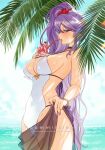  1girl alternate_costume beach breasts cleavage covered_nipples drinking_straw fire_emblem fire_emblem:_genealogy_of_the_holy_war flower food hair_flower hair_ornament high_side_ponytail highres ishtar_(fire_emblem) one-piece_swimsuit palm_tree parfait purple_hair purple_nails sarong shade side_ponytail sideboob solo standing sumustard swimsuit thighs tree white_one-piece_swimsuit 
