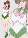  1girl bishoujo_senshi_sailor_moon boots bow bowtie breasts brown_hair choker covered_navel earrings elbow_gloves gloves green_boots green_choker green_eyes green_sailor_collar green_skirt hair_bobbles hair_ornament high_heel_boots high_heels highres jewelry kino_makoto large_breasts lento_(glamour_works) long_hair looking_at_viewer magical_girl multiple_girls pink_bow pink_bowtie ponytail sailor_collar sailor_jupiter sailor_senshi_uniform simple_background skirt smile solo white_gloves 