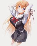  1girl arms_up bad_link bare_legs blush bow breasts buttons chaos;child chest_bow collarbone double-breasted dress_vest hair_between_eyes hair_ribbon hekiho_academy_school_uniform kurusu_nono large_breasts light_blush long_hair long_sleeves looking_at_viewer miniskirt no_jacket orange_hair purple_eyes red_bow red_ribbon ribbon sailor_collar sailor_shirt school_uniform science_adventure shirt simple_background skirt smile solo thighs white_sailor_collar yakku 