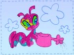 2_toes ambiguous_gender antennae_(anatomy) arthropod blue_background blue_body blue_countershading blue_eyes border caterpillar coelodontah countershade_torso countershading eye_markings feet feral flower green_sclera hasbro head_tuft holding_object holding_watering_can insect larva littlest_pet_shop lps_219_(g7) markings pink_body plant simple_background smile solo star_(marking) tail toes toony tuft watering_can