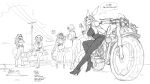  5girls absurdres animal_ears bird boots breast_pocket breasts bribery car commentary cropped_jacket crossed_arms english_commentary english_text garter_straps goggles goggles_on_head greyscale hair_over_one_eye hat high_heels highres holding holding_phone knee_boots large_breasts less long_braid long_hair monochrome motor_vehicle motorcycle multiple_girls original outdoors pants phone pocket police police_uniform policewoman power_lines rabbit_ears sketch tail thighhighs very_long_hair 