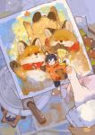  1boy animal animal_costume animal_ear_hood animal_ears autumn_leaves black_eyes black_hair blush_stickers climbing closed_eyes confetti cosplay cup drinking_straw fox fox_costume fox_ears hair_between_eyes happy highres holding holding_photo hood hood_up kigurumi layered_sleeves leaf leg_up long_sleeves male_focus mini_person miniboy multiple_views nail_art one_eye_closed open_mouth orange_nails parted_lips photo_(object) pov pov_hands quanzhi_gaoshou short_hair sleeves_past_wrists smile snowing ye_xiu yi_tianran_dai 