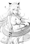  1girl ? absurdres animal_ears arknights bikini breasts cleavage hair_ornament hairclip highres innertube lappland_(arknights) large_breasts long_hair looking_at_viewer meng_ziya midriff monochrome mouth_hold navel oripathy_lesion_(arknights) sketch solo swimsuit thigh_strap wolf_ears 