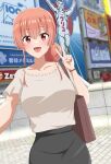  1girl aged_up bag blush breasts dars_(recolors) doutonbori hair_bun handbag highres long_hair looking_at_viewer office_lady open_mouth osaka_(city) pink_hair shirt single_hair_bun single_side_bun skirt smile solo v yahari_ore_no_seishun_lovecome_wa_machigatteiru. yuigahama_yui 