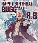  1boy absurdres abunaideka arm_up beard_stubble black_bow black_bowtie black_jacket black_pants black_suit blue_eyes blue_hair bow bowtie buggy_the_clown character_name clown_nose collared_shirt commentary_request confetti dated english_text eyelashes facial_hair floating_hair gloves hand_on_own_hip happy_birthday highres jacket lapels long_hair long_sleeves male_focus multiple_views one_eye_closed one_piece open_clothes open_jacket outstretched_arm pants sanpaku shirt shirt_tucked_in standing stubble suit suit_jacket suspenders teeth tongue tongue_out very_long_hair white_gloves white_shirt 