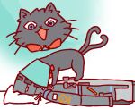  1other arknights blue_eyes cat commentary doctor_(arknights) english_commentary from_side heart heart_tail highres lying miss_christine_(arknights) multiple_tails multiple_views nekomata on_back open_mouth pet_cone tail two_tails wittle_red 