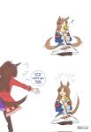  2girls animal_ears armband blue_eyes blue_jacket bow breasts brown_hair closed_eyes closed_mouth dandelion dress ear_ornament ear_scrunchie eating el_condor_pasa_(umamusume) flower frezzdian grass_wonder_(umamusume) highres holding horse_ears horse_girl horse_tail jacket long_hair long_sleeves multicolored_hair multiple_girls open_clothes open_jacket pantyhose red_armband red_jacket sailor_collar simple_background smile tail umamusume white_background white_dress white_hair 