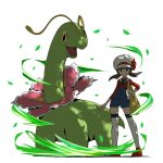  1girl blue_overalls bow brown_hair hat hat_bow leaf lyra_(pokemon) meganium newsboy_cap overalls pokemon pokemon_(creature) pokemon_hgss psaber97 red_shoes shoes short_twintails thighhighs twintails white_background white_hat white_thighhighs yellow_bag 