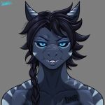 a_man_in_a_beasts_world anthro black_sclera blue_eyes chest_tattoo digital_media_(artwork) female female/female fish hair looking_at_viewer marine markings mika_blackclaw_(ghilliecamo) military muscular muscular_anthro muscular_female scar shark simple_background soldier solo tattoo terminal_nitrogen warrior