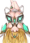  1girl absurdres bad_id bad_twitter_id blonde_hair breasts chest_jewel cleavage cleavage_cutout clothing_cutout core_crystal_(xenoblade) dress highres huge_breasts long_hair mythra_(xenoblade) simple_background solo tiara upside-down white_background white_dress xenoblade_chronicles_(series) xenoblade_chronicles_2 yellow_eyes yotsuha_uni 
