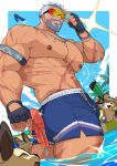  1boy abs absol_(dkqthf) armband bara beach beard biceps blue_hair boxer_briefs bracelet closed_eyes cloud cloudy_sky facial_hair fingerless_gloves flying gloves gun hand_on_eyewear jewelry large_pectorals looking_at_viewer male_focus male_swimwear male_underwear manly mature_male mouse multicolored_hair muscular muscular_male necklace nipples original outdoors palm_tree pectorals scar scar_on_arm scar_on_chest scar_on_face scared short_hair sky smile spiked_hair sunglasses teeth thick_arms thick_eyebrows thick_thighs thighs tongue tree underwear water water_drop water_gun weapon white_hair 