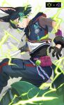  1boy absurdres alternate_costume animal_ear_fluff animal_ears black_gloves black_hair black_pants black_shirt commentary_request dendro_symbol_(genshin_impact) earrings electro_symbol_(genshin_impact) energy fox_ears fox_tail gameplay_mechanics genshin_impact gloves green_eyes green_hair green_tail hair_between_eyes highres jewelry looking_at_viewer male_focus mimoza_(mmmimoza_5) multicolored_hair pants shirt short_hair short_sleeves solo streaked_hair tail teeth tighnari_(genshin_impact) vision_(genshin_impact) zoom_layer 