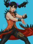  black_hair blue_background brown_eyes highres ling_xiaoyu open_mouth pxvx pxvxvx red_lips solo tekken 