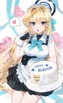  1girl absurdres aqua_bow aqua_bowtie birthday_cake black_gloves black_halo black_skirt blonde_hair blue_archive blue_eyes blue_streaks blush bow bowtie breasts cake chest_harness commentary_request cowboy_shot cream cream_on_face cream_on_hands english_text fingerless_gloves food food_bite food_on_face frilled_shirt frills gloves hair_intakes halo hand_up happy_birthday harness heart highres holding holding_plate large_breasts long_hair looking_at_viewer maid maid_headdress miniskirt multicolored_hair natsuki_egaku open_mouth outstretched_hand plate shirt skirt sleeveless sleeveless_shirt solo speech_bubble spoken_heart standing straight_hair streaked_hair toki_(blue_archive) tongue tongue_out very_long_hair white_shirt 