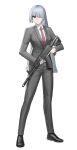  1girl absurdres ak-15 ak-15_(erwin)_(girls'_frontline) ak-15_(girls'_frontline) assault_rifle black_jacket black_pants black_shoes black_suit cheogtanbyeong closed_mouth collared_shirt commentary_request girls'_frontline girls'_frontline_2:_exilium grey_hair gun hair_over_one_eye highres holding holding_gun holding_weapon jacket kalashnikov_rifle korean_commentary long_hair necktie official_alternate_costume pants purple_eyes red_necktie red_pupils rifle shirt shoes simple_background solo suit trigger_discipline voymastina_(girls'_frontline_2) weapon white_background white_shirt 