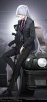  1girl ak-15 ak-15_(erwin)_(girls'_frontline) ak-15_(girls'_frontline) artist_request assault_rifle bmw car formal_clothes girls'_frontline girls'_frontline_2:_exilium gun highres kalashnikov_rifle motor_vehicle official_art red_pupils rifle solo suit voymastina_(girls'_frontline_2) weapon 