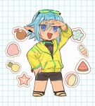  1boy arm_up ball beachball black_bodysuit blue_eyes blue_flower blue_hair bodysuit coconut_cup commentary_request dot_nose drinking_straw elezen elf eyewear_on_head feet final_fantasy final_fantasy_xiv flower food fruit green-tinted_eyewear green_trim grid_background hair_between_eyes hand_on_own_hip haurchefant_greystone ice_cream ice_cream_cone jacket long_pointy_ears long_sleeves male_focus official_alternate_costume open_mouth partially_unzipped pineapple pointy_ears sandals scallop seashell shading_eyes shell short_hair solo starfish sunglasses suzuka_(su9111suzu) tinted_eyewear watermelon watermelon_slice yellow_jacket zipper zipper_pull_tab 