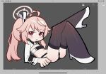 1girl ahoge art_program_in_frame atago_(azur_lane) atago_(azur_lane)_(cosplay) atago_(stunning_speedster)_(azur_lane) azur_lane black_panties black_thighhighs blue_archive breasts chibi chibi_only cleavage cosplay halo high_heels highres long_hair natsu_(blue_archive) panties pink_hair pink_halo red_eyes rrogtion shoes shrug_(clothing) side_ponytail small_breasts strapless thighhighs tube_top underwear white_shoes white_shrug wrist_cuffs 
