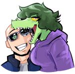 alpha_channel anthro bald baryonyx biped bite blue_clothing blue_eyes blue_jacket blue_topwear breasts bust_portrait cavemanon_studios clenched_teeth clothed clothed_female clothed_male clothing colored dinosaur duo eyewear female freckled_face freckles green_body green_hair green_scales grey_eyes hair happy head_bite hi_res hoodie human human_on_anthro i_wani_hug_that_gator inco_(iwhtg) interspecies jacket looking_at_viewer male male/female mammal medium_breasts medium_hair non-mammal_breasts olivia_halford open_clothing open_jacket open_mouth open_topwear portrait prehistoric_species purple_clothing purple_hoodie purple_topwear reptile romantic romantic_couple scales scalie shaded sharp_teeth shirt simple_background smile spinosaurid sunglasses teeth theropod topwear transparent_background unlimited-edge white_clothing white_shirt white_topwear yellow_sclera