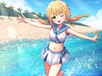  1girl ;d bare_arms beach blue_bow blue_sailor_collar blue_sky blush bow braid breasts brown_eyes cloud collarbone commentary_request day fang fujita_kotone gakuen_idolmaster highres idolmaster long_hair looking_at_viewer low_twintails navel one_eye_closed outdoors outstretched_arms palm_tree pleated_skirt sailor_collar sailor_swimsuit_(idolmaster) sand skirt sky small_breasts smile solo spread_arms tree twin_braids twintails u_rin water water_drop white_skirt 