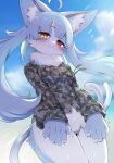  1girl :3 ahoge animal_ear_fluff animal_ears blue_fur blue_hair blush camouflage camouflage_jacket camouflage_shirt cat_boy cat_ears digital_camouflage extra_tails forked_tail furry furry_female heterochromia highres jacket japan_air_self-defense_force japan_air_self-defense_force_omaezaki_sub-base japan_self-defense_force long_hair looking_at_viewer male_focus male_with_breasts military omaneko ransusan red_eyes shirt solo tail whiskers yellow_eyes 