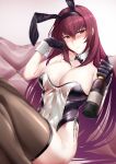  1girl absurdres arturaxia bangs bottle breasts fate/grand_order fate_(series) hair_between_eyes highres large_breasts long_hair looking_at_viewer playboy_bunny purple_hair red_eyes scathach_(fate) solo thighs wine_bottle 