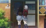  2girls arms_behind_back bag bush cafe day door from_behind hair_ribbon inoue_takina kumo_(876371655) long_hair lycoris_recoil multiple_girls nishikigi_chisato outdoors own_hands_together ribbon school_bag school_uniform short_hair skirt socks white_hair yuri 