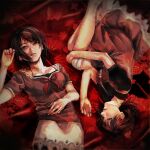  2girls amakura_mayu amakura_mio black_hair breasts dress fatal_frame fatal_frame_2 gauss_&lt;bokashi highres looking_at_viewer lying multiple_girls on_back short_hair siblings sisters skirt twins 