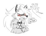  angry anthro big_hair canid canid_demon cheek_tuft clothed clothing collar demon dialogue disembodied_hand ear_piercing ear_ring eyelashes facial_tuft fangs female fur grey_body grey_fur hair hellhound helluva_boss loona_(helluva_boss) mammal mhdrawin notched_ear pentagram piercing red_sclera ring_piercing shoulder_tuft simple_background solo speech_bubble spiked_collar spikes text tuft white_background white_body white_eyes white_fur 
