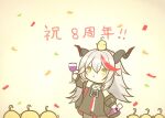  1girl animal_on_head arm_up azur_lane bare_shoulders black_dress black_horns black_pantyhose bottle chibi chibi_only commentary_request confetti cup dress frown grape_juice grey_hair hair_between_eyes holding holding_bottle holding_cup horns juice koti little_aegir_(azur_lane) long_hair manjuu_(azur_lane) multicolored_hair on_head pantyhose red_streaks simple_background solo streaked_hair translation_request two-tone_hair yellow_background yellow_eyes 