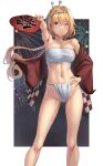  1girl ;) absurdres aerial_fireworks blonde_hair blue_eyes breasts chest_sarashi commentary_request fireworks fundoshi hachimaki hair_between_eyes hand_fan hand_on_own_hip happi headband highres japanese_clothes kantai_collection kokuzou large_breasts long_hair looking_at_viewer navel nejiri_hachimaki one_eye_closed open_happi red_happi sarashi smile solo valiant_(kancolle) wide_sleeves 