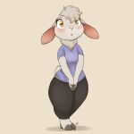  2022 absurd_res anthro barefoot blush bovid caprine clothed clothing digital_media_(artwork) feet female fully_clothed fur hi_res hooves louart mammal sheep signature simple_background solo standing white_body white_fur yellow_eyes 