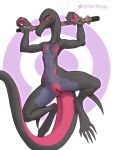  anthro arms_tied blush bodily_fluids bound dark_body eyelashes female genitals hi_res nintendo nude pok&eacute;mon pok&eacute;mon_(species) purple_sclera pussy reptile salazzle scalie signature simple_background solo spreading steam sweat video_games w4g4 