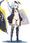  1girl absurdres armored_boots azur_lane bangs bikini black_bikini black_coat black_footwear boots breasts coat full_body headgear hey_taisyou highres looking_at_viewer open_clothes open_coat orange_eyes short_hair simple_background siren_(azur_lane) siren_scavenger_(azur_lane) solo standing swimsuit thigh_boots water white_background white_hair 