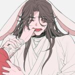  1boy animal_ears bishounen black_hair chinese_clothes choker crying crying_with_eyes_open highres hua_cheng long_hair long_sleeves looking_at_another male_focus rabbit_boy rabbit_ears shiyangtacit tears tian_guan_ci_fu xie_lian 