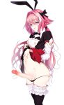  1boy aka_syakkou animal_ears astolfo_(fate) astolfo_(saber)_(fate) black_panties black_thighhighs censored detached_sleeves erection fate/apocrypha fate/grand_order fate_(series) frilled_thighhighs hair_intakes hair_ribbon highres large_penis long_hair male_focus mosaic_censoring multicolored_hair navel otoko_no_ko panties penis pink_hair rabbit_ears ribbon simple_background solo streaked_hair testicles thighhighs tongue tongue_out underwear very_long_hair white_background 