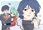  1girl 2boys aqua_hair arm_hug belt black_belt black_hair black_shirt blue_background blue_coat blue_eyes blue_hair border bright_pupils brown_eyes char's_counterattack closed_mouth coat gigantea_pp green_shirt gundam gyunei_guss highres kamille_bidan long_sleeves military_uniform multiple_boys outline outside_border parted_lips puff_of_air purple_eyes quess_paraya red_coat scratching_cheek shirt short_hair shoulder_boards simple_background smile super_robot_wars super_robot_wars_y sweat turtleneck twintails upper_body white_border white_outline white_pupils zeta_gundam 